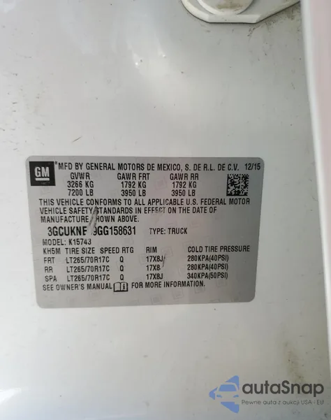 2016 Chevrolet Silverado K1500 из США, поврежденный, VIN 3GCUKNEC9GG158631